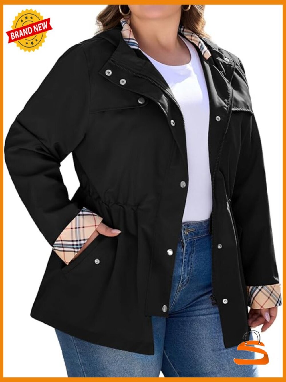 Plus Size Long Raincoat with Hood Waterproof Trench Coat Women
